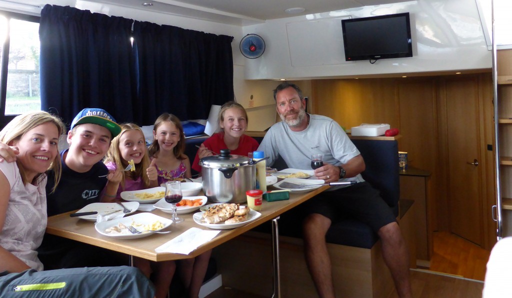 A family self-pic of one of our many meals on the boat