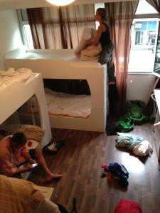 A shot of our bunk room (in all its backpacker glory) at the Funk Lounge Hostel